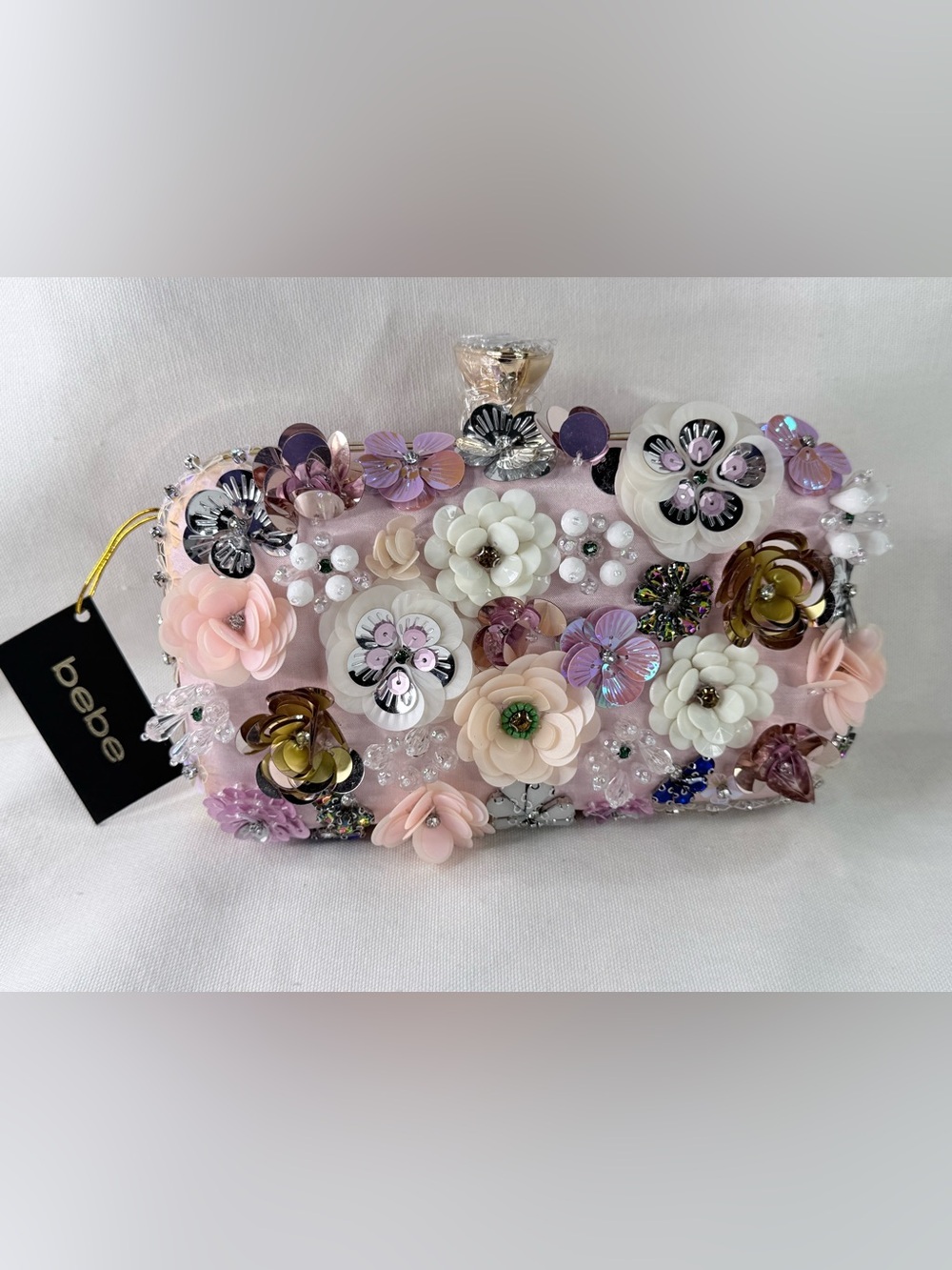 bebe Pink Floral Appliqué Evening Clutch with Gold Chain - Picture 6 of 8